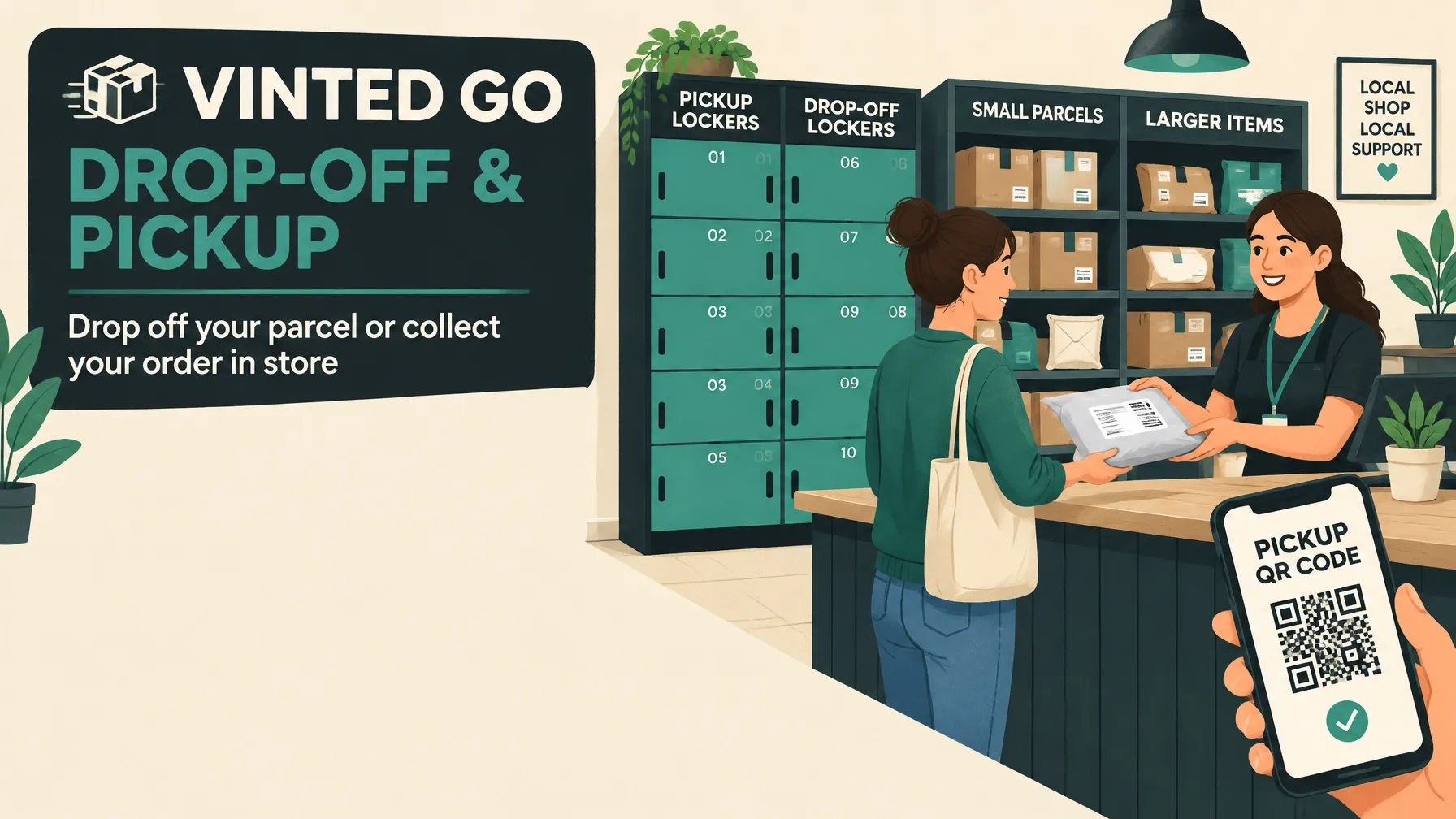 Illustration for Vinted Go parcel drop-off and pickup at a local counter