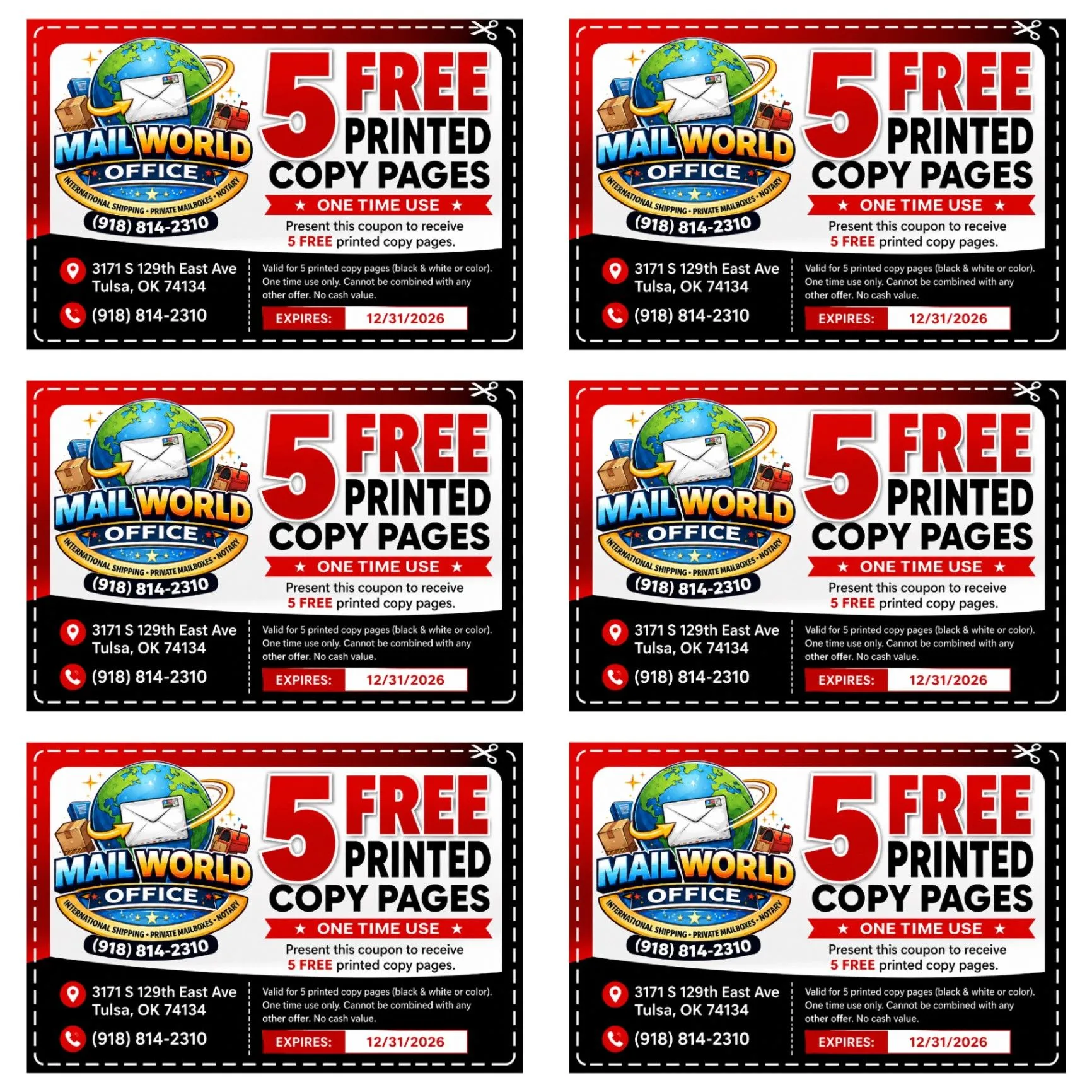 Mail World Office copy coupon sheet