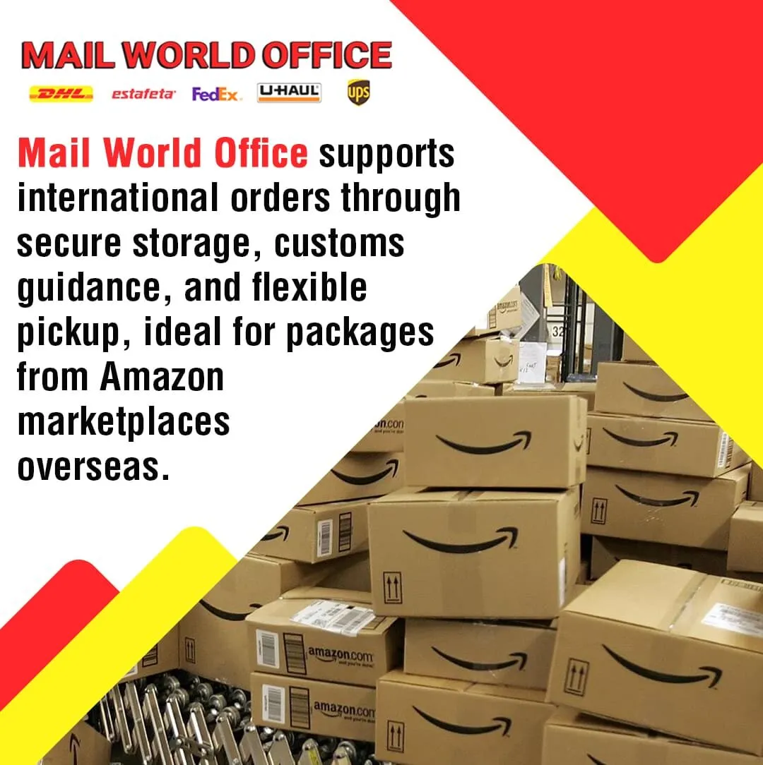 Mail World Office international package handling graphic with parcels and shipping support details