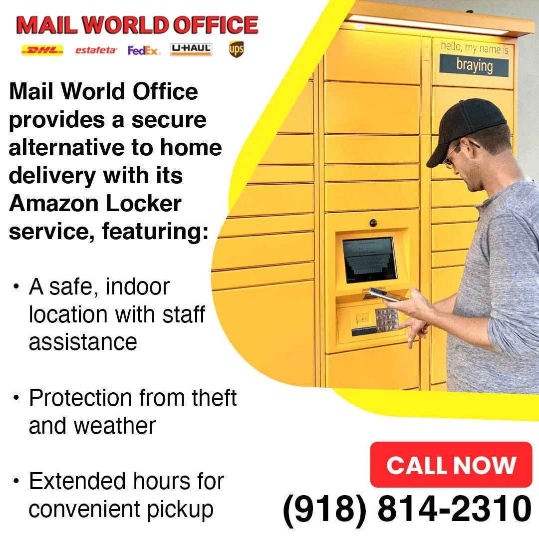 Customer using a secure Amazon locker service at Mail World Office