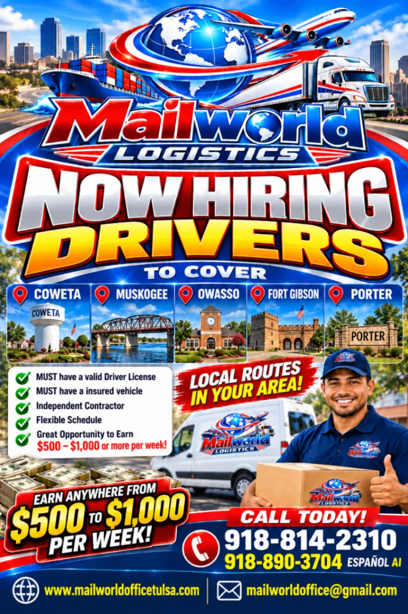Mailworld Logistics recruitment flyer advertising independent-contractor driver routes in Coweta, Muskogee, Owasso, Fort Gibson, and Porter