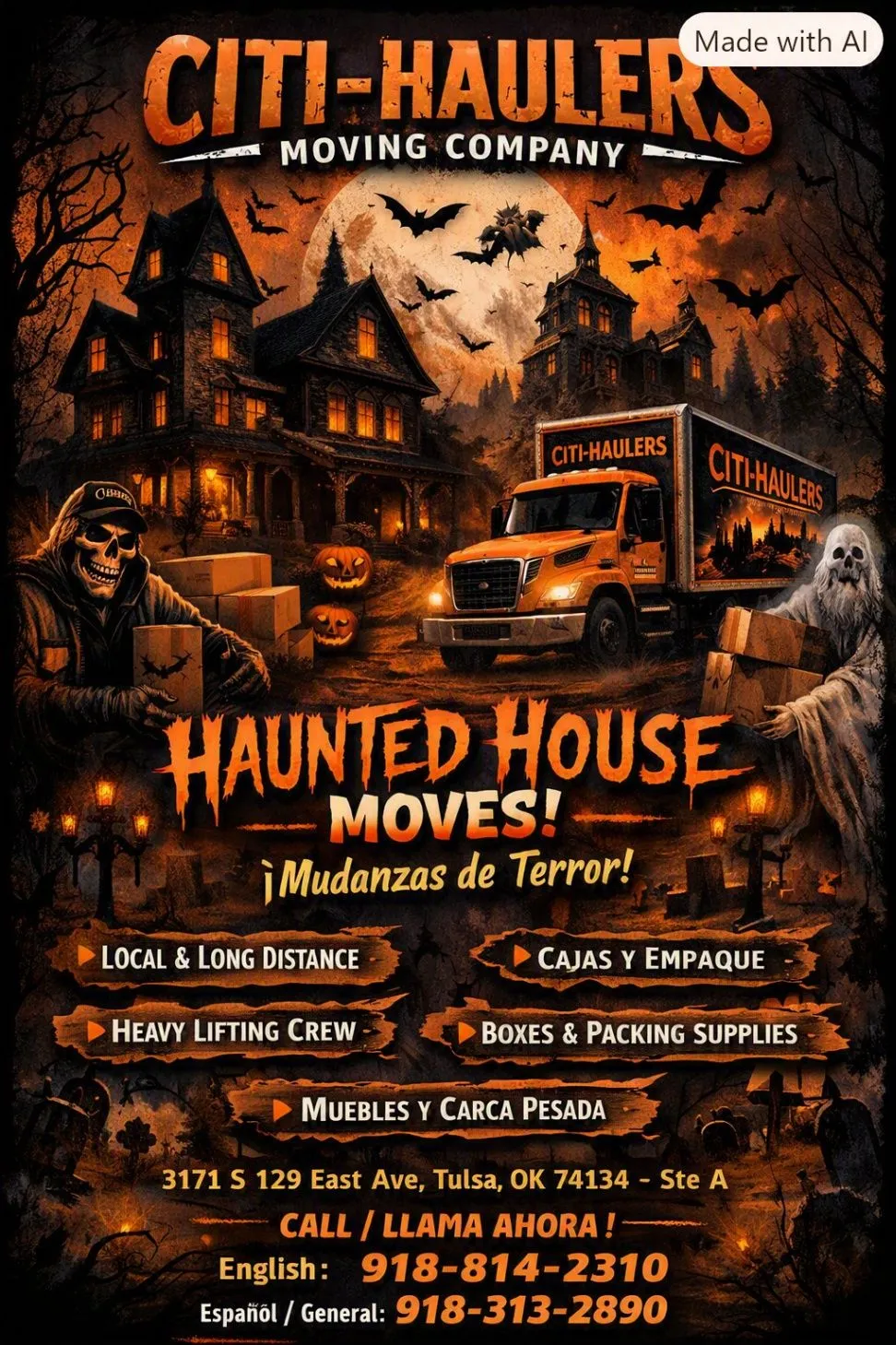 Citi-Haulers Halloween promotional artwork for moving, hauling, boxes, and packing supplies