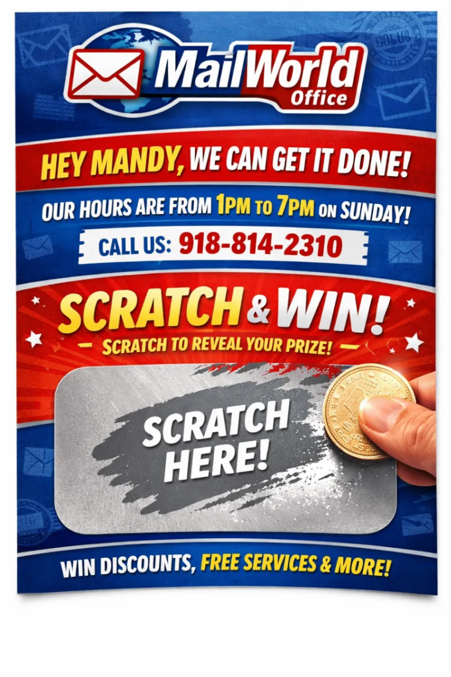 Promotional artwork about Sunday hours and current Mail World Office promotions
