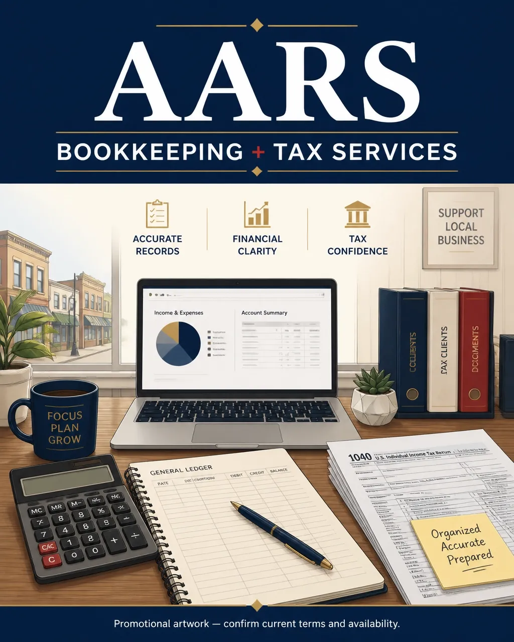 Promotional artwork for AARS bookkeeping and tax services