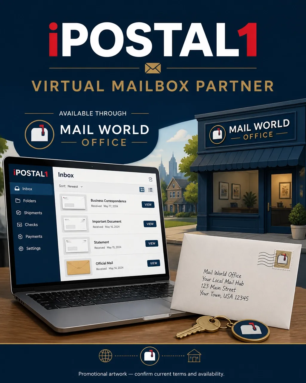 Promotional artwork for iPostal1 virtual mailbox partner service